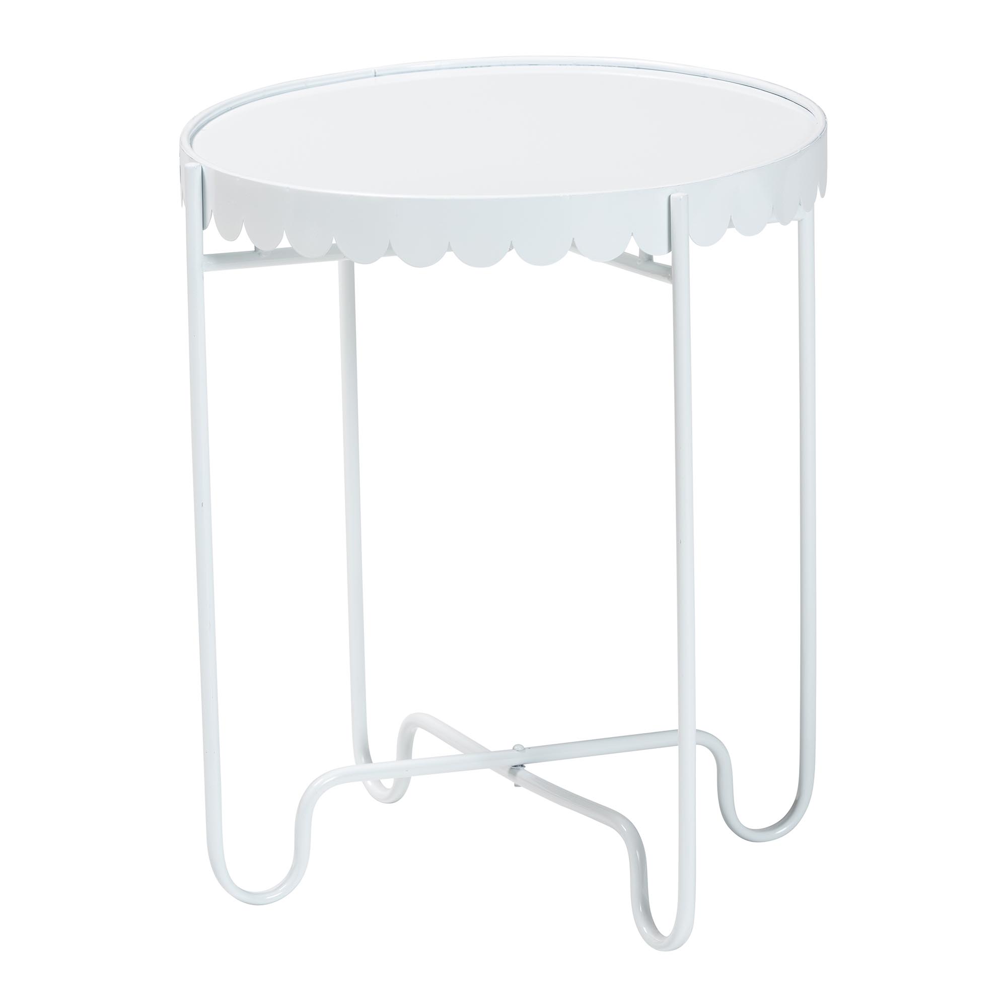 Baxton Studio Laverne White Metal Side Table with Scalloped Tray Top - Round Accent Table with Decorative Base for Indoor or Semi-Outdoor Use Affordable modern furniture in Chicago, classic living room furniture, modern end table, cheap end table